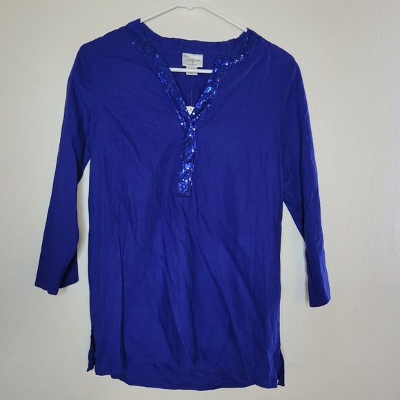 Jaclyn Smith Tops - Jaclyn Smith Top Linen Blend Womens Tunic Blue Small 3/4 Sleeve Sequin Resort